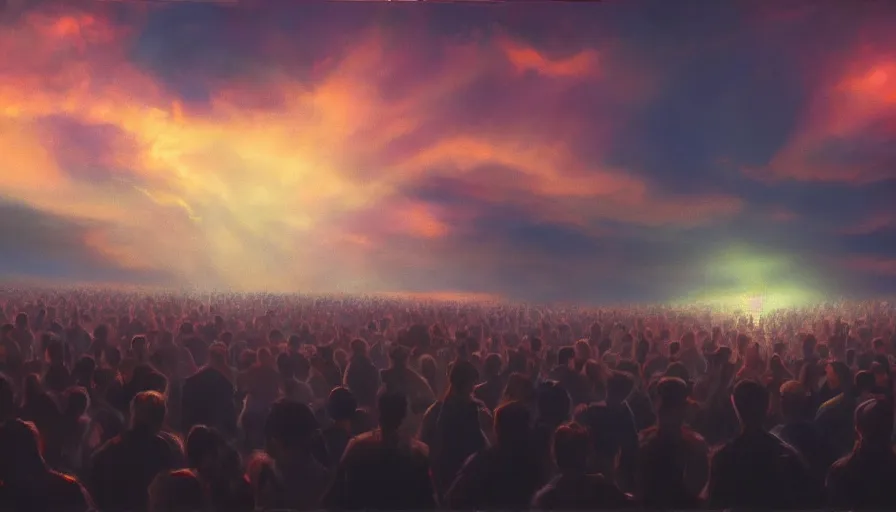 Image similar to painting of a crowd reaching towards the glowing sky, volumetric lighting, nasty, hyperdetailed, realistic