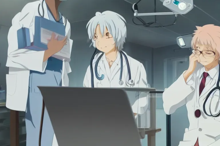 Image similar to a cute and beautiful young female doctor wearing white coat are talking with an old professor in a hospital, slice of life anime, lighting, anime scenery by Makoto shinkai