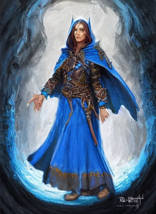 Image similar to bright blue cloak female priest, ultra detailed fantasy, dndbeyond, bright, colourful, realistic, dnd character portrait, full body, pathfinder, pinterest, art by ralph horsley, dnd, rpg, lotr game design fanart by concept art, behance hd, artstation, deviantart, hdr render in unreal engine 5