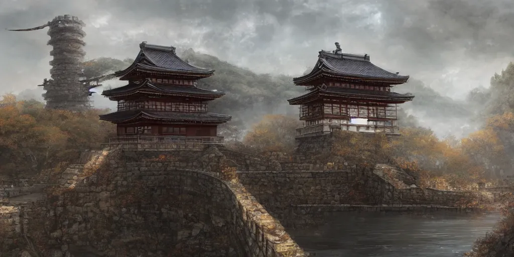 Prompt: japan middle age, giant fortress with cannons guarded by samurais, is built on a strong old wooden bridge, giant goddess with swords, morning, matte painting, concept art, james gurney, greg rutkowski, unreal engine, artstation, john howe