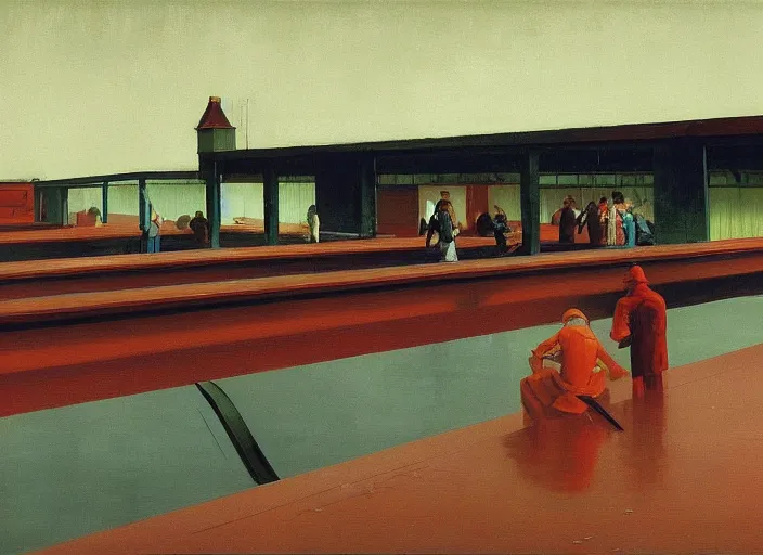 Prompt: conveyor belt with people in a flooded warehouse Edward Hopper and James Gilleard, Zdzislaw Beksinski, highly detailed