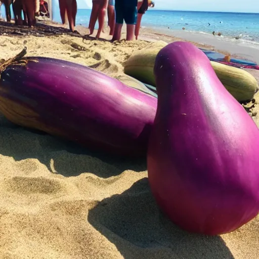 Image similar to huge eggplant sunbathing on the beach among people, photo,