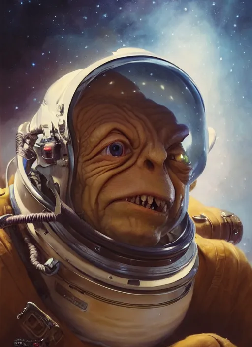 Image similar to portrait of gollum as astronaut, subsurface scattering, by jesper ejsing, justin gerard, tomasz alen kopera, cgsociety and fenghua zhong, highly detailed, rim light, cinematic lighting, illustration, art, octane render, very coherent, cinematic, hyper realism, high detail, octane render, 8 k