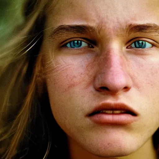 Image similar to a candid extreme closeup portrait of an expressive face of a really moved young woman by annie leibovitz