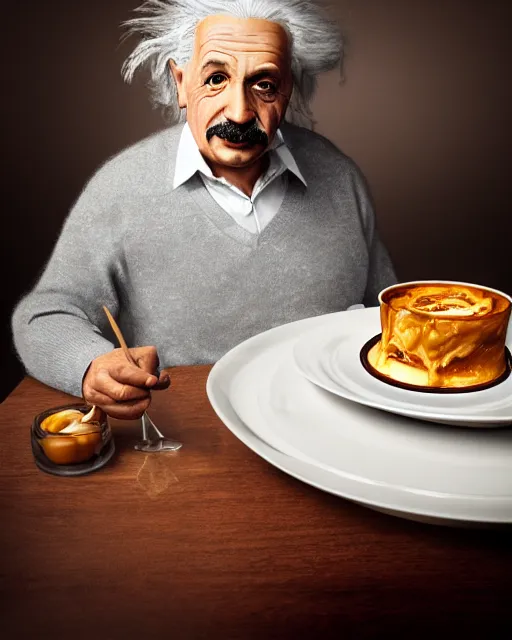 Image similar to a portrait of albert einstein sitting at the dining table with a plate containing caramel custard in front of him, highly detailed, trending on artstation, bokeh, 9 0 mm, f / 1. 4