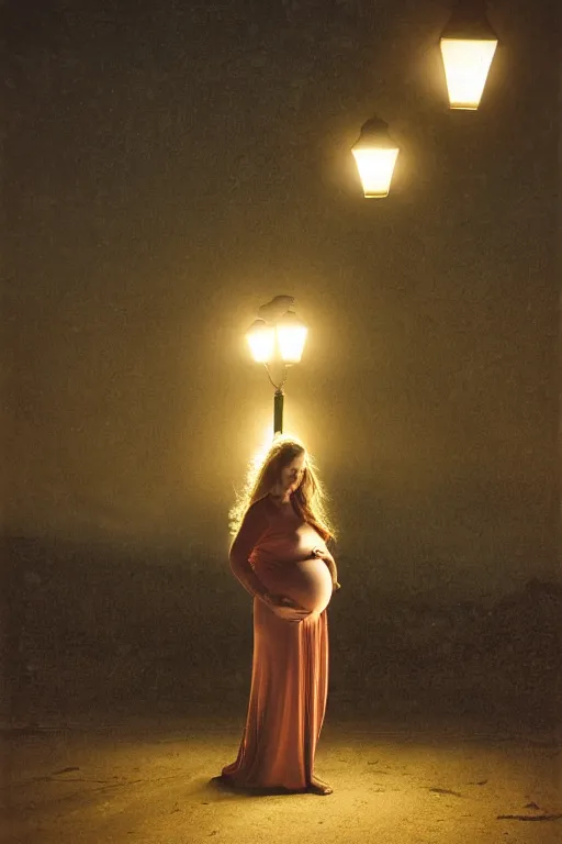 Image similar to pregnant woman under street light, nothern russia, by Alyssa Monks, Bouguereau