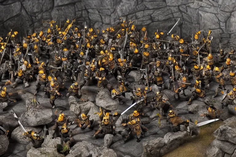 Image similar to diorama of minions fighting orcs in the battle of helm's deep, giant castle walls, realistic, 4 k, detailed