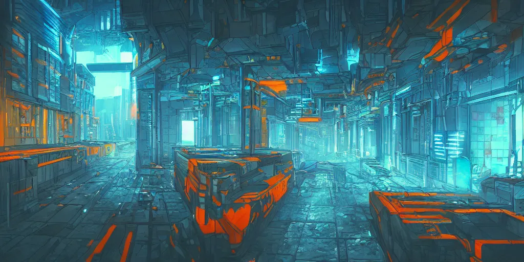 Image similar to cyberpunk dungeon, ancient caves, blue and orange neon lines along the wall,, large cubic blocks line the floor, bluestone walls, trending on artstation