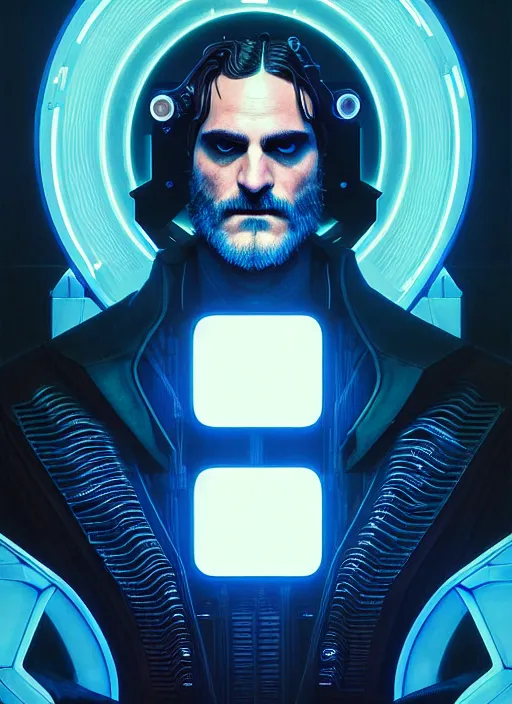 Image similar to symmetry!! portrait of joaquin phoenix, sci - fi -, cyberpunk, blade runner, glowing lights, biotech, techwear!! intricate, elegant, highly detailed, digital painting, artstation, concept art, smooth, sharp focus, illustration, art by artgerm and greg rutkowski and alphonse mucha