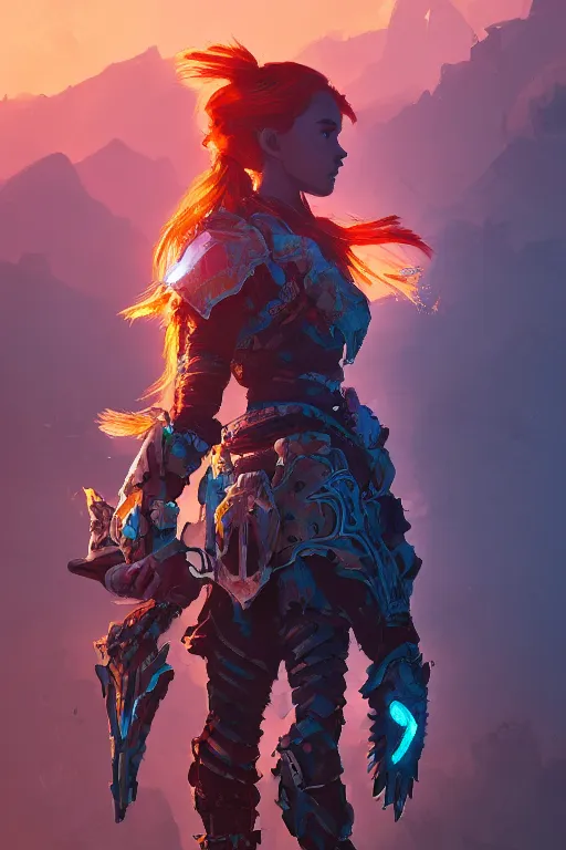 Image similar to combination suit armor aloy horizon forbidden west horizon zero dawn radiating a glowing aura global illumination ray tracing hdr fanart arstation by ian pesty and alena aenami artworks in 4 k tribal robot ninja mask helmet backpack