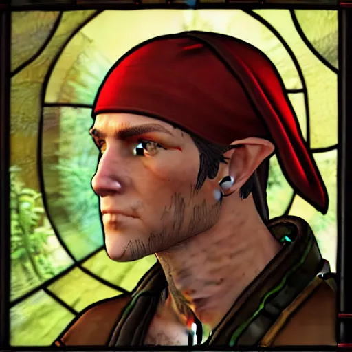 Prompt: side - view portrait of the iorveth, scoia'tael leader, red cap, red bandana over one eye, elf ear, stained glass window, very masterful