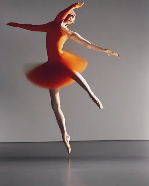 Image similar to expressively dancing on a bold James Turrell lit stage, a beguiling modern dancer dynamic Pantene gorgeous long luxurious hair flowing and flipping, high fashion photograph, isolated on vivid orangered, By Steven Meisel, by WLOP