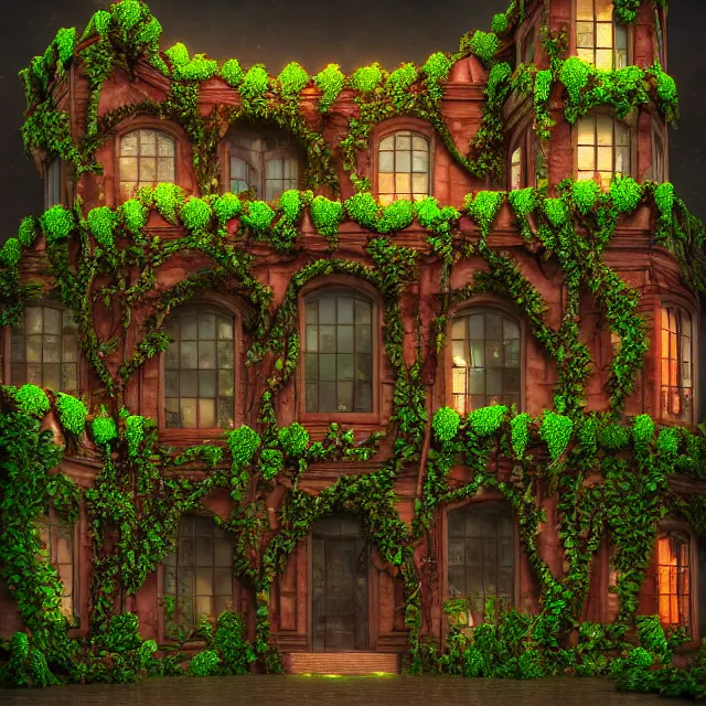 Prompt: complex vine covered building with many layers, 8 k, highly detailed, beautiful lighting, vivid colors!, realistic, ultra rendered, trending on artstation, deviantart featured