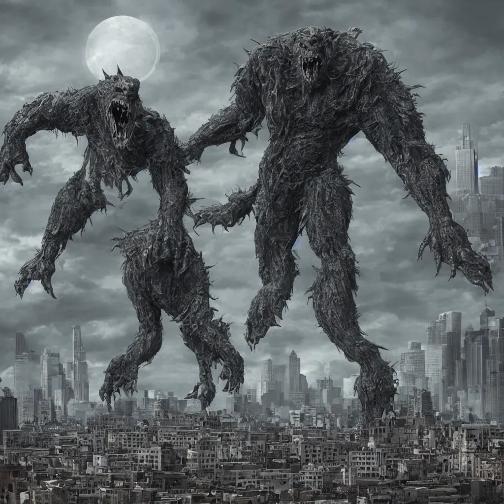 Image similar to a large, hideous monster looming over a city, scary, photorealistic