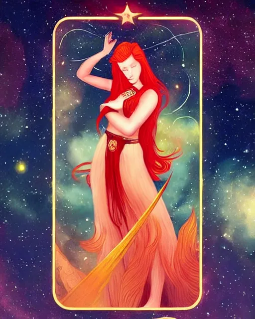 Image similar to tarot card of space astral girl, red hair, ginger hair, fantasy, glowing skin, smooth face, perfect eyes