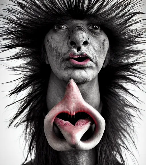 Prompt: Award winning Pathécolor full-body Editorial up-angled photograph of medieval Scandinavian Folk ostrich Baring its teeth with incredible hair and fierce hyper-detailed eyes and a ridiculously large forked tongue poking out by Lee Jeffries and David Bailey, 85mm ND 3, perfect lighting, a heart-shaped birthmark on the forehead, dramatic highlights, wearing traditional garb, With huge sharp jagged Tusks and sharp horns,