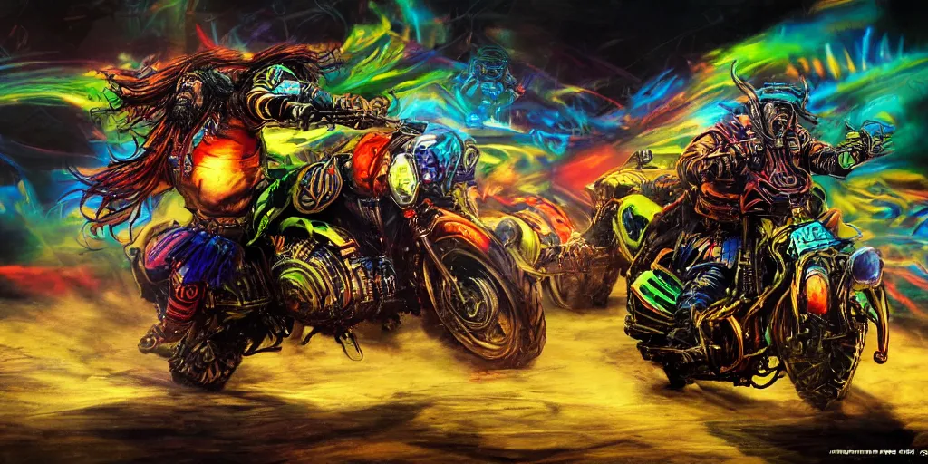 Image similar to psychedelic blacklight airbrush artwork, motorcycles, hyper stylized action shot of orcs in battle armor racing on motorcycles, menacing orcs, drifting, skidding, wheelie, clear focused details, soft airbrushed artwork, black background, post - apocalypse, cgsociety, artstation