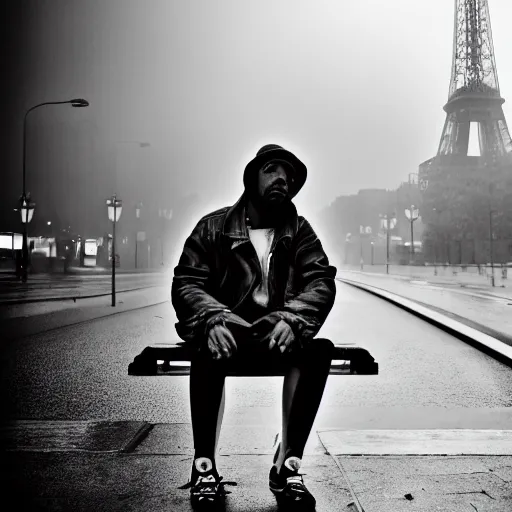 Image similar to black and white fashion photograph, highly detailed portrait of a depressed white drug dealer sitting on a bench on a busy Paris street, looking into camera, eye contact, natural light, rain, mist, lomo, fashion photography, film grain, soft vignette, sigma 85mm f/1.4 1/10 sec shutter