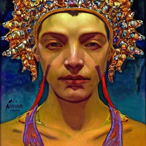 Image similar to the crystal crown, by Annie Swynnerton and Nicholas Roerich and Diego Rivera, bioluminescent skin, elaborate costume, geometric ornament, symbolist, rich color, dramatic cinematic lighting, smooth, sharp focus, extremely detailed