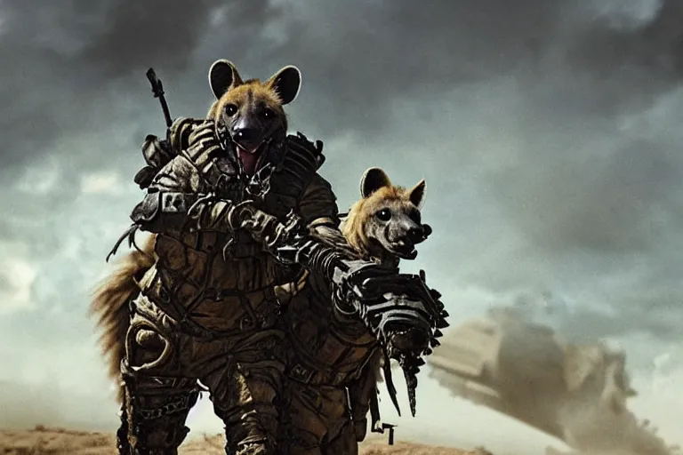 Image similar to a good ol'hyena fursona ( from the furry fandom ), heavily armed and armored facing down armageddon in a dark and gritty version from the makers of mad max : fury road. witness me.