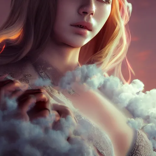 Image similar to beautiful girl in full gown blowing clouds, beautiful portrait, character concept style trending on artstation concept art detailed octane render cinematic photo - realistic 8 k high detailed