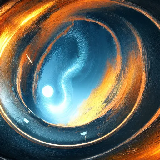 Image similar to wide angle shot of a giant liquid golden stream ascending swirling into a the gravitational field of a deep dark black hole, james web telescope, conceptart, unreal engine 5, 8 k, high depth of field, depth perception, rich deep colors, artstation