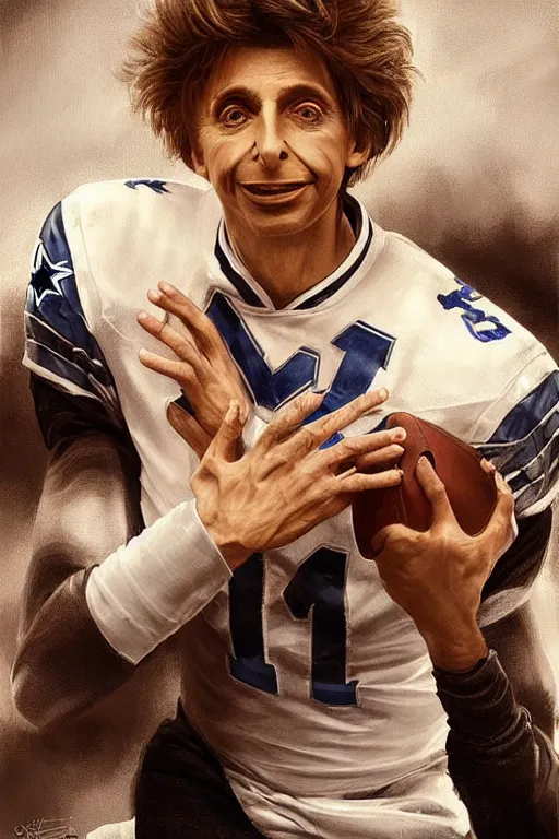 Prompt: Barry Manilow playing Football as the quarterback of the Dallas Cowboys, intricate, elegant, highly detailed, digital painting, artstation, concept art, smooth, sharp focus, illustration, art by artgerm and greg rutkowski and alphonse mucha