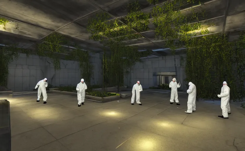 Image similar to in-game screenshot of a group of hazmat scientists on unreal engine 5, in a liminal underground garden, photorealistic, retrofuturism, brutalism, staggered terraces, minimalist, soft vintage glow