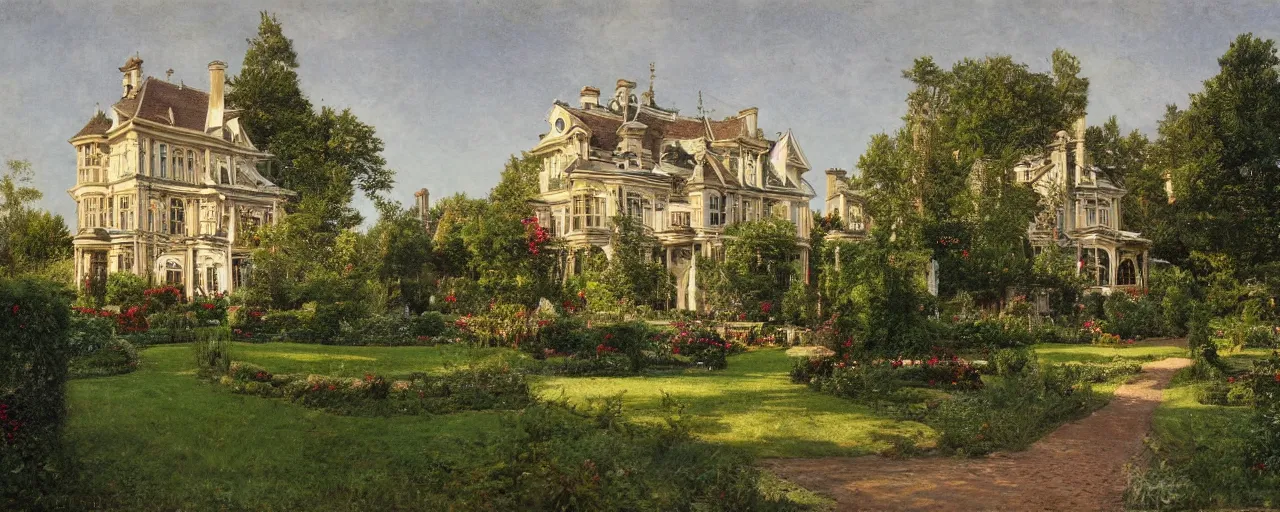 Prompt: a highly detailed photograph of a house from the 1880s surrounded by beautiful gardens, view from ground level, elegant, ornate, daytime, beautifully lit scene