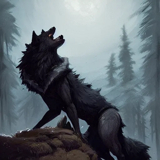 Image similar to an anthropomorphic wolf in a black doublet looking out over the hills, artstation hq, stylized, greg rutkowski, sharp focus, concept art, furaffinity fursona, furry