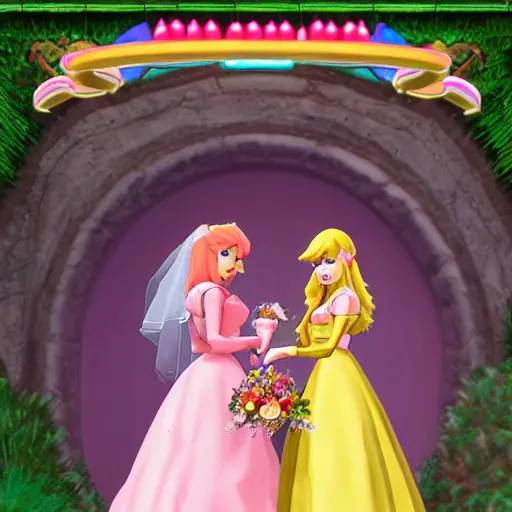 Image similar to photograph of the lesbian wedding of princess peach and zelda circa 2 0 1 8