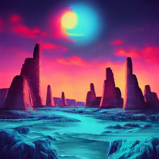 Image similar to ancient argentinian structures, retrowave epic art, trending on art station