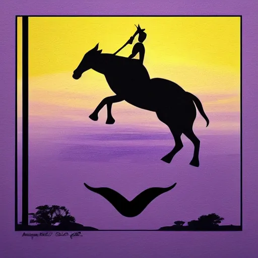 Prompt: a beautiful painting of a regal african cowboy, riding a dolphin over a design in front of a pale lavender sunrise, dawn, predawn, golden light, art deco!, art nouveau, silhouette, no crop, smooth, sharp focus, fine lines