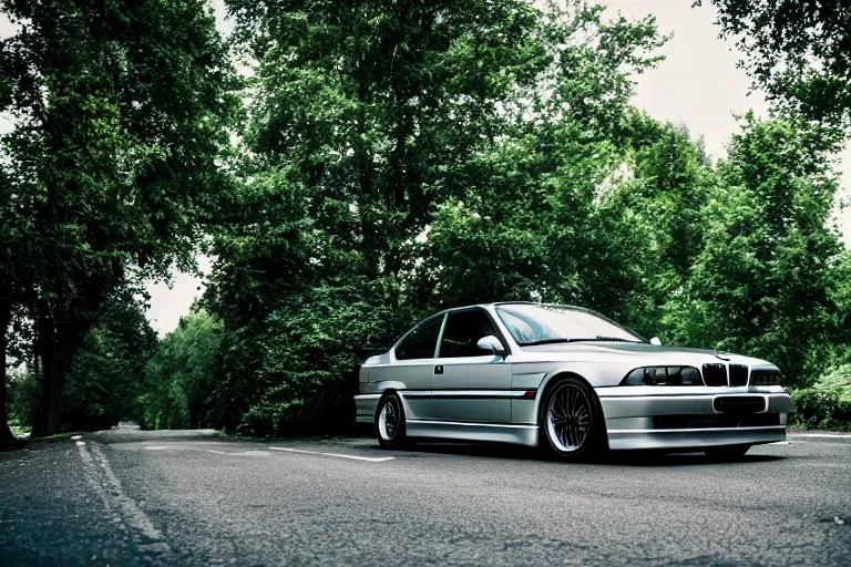 Image similar to A BMW e36 parked in a road with trees, summer season, Epic photography, taken with a Canon DSLR camera, 50 mm, depth of field