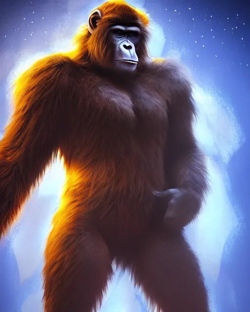 Image similar to fury art, an anthro ape wearing a large cape and a fantasy armor, ice, fiery background, 3 d, 8 k, extremely detailed, trending on furaffinity, trending on artstation, award winning, sharp focus, illustration