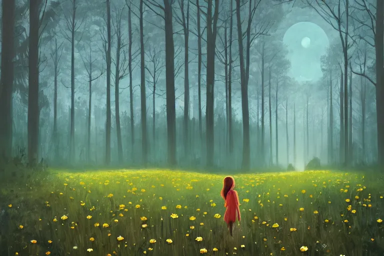 Image similar to giant bunch of daisy flowers head, girl walking in dark forest, surreal photography, dark night, stars, moon light, impressionist painting, clouds, digital painting, artstation, simon stalenhag