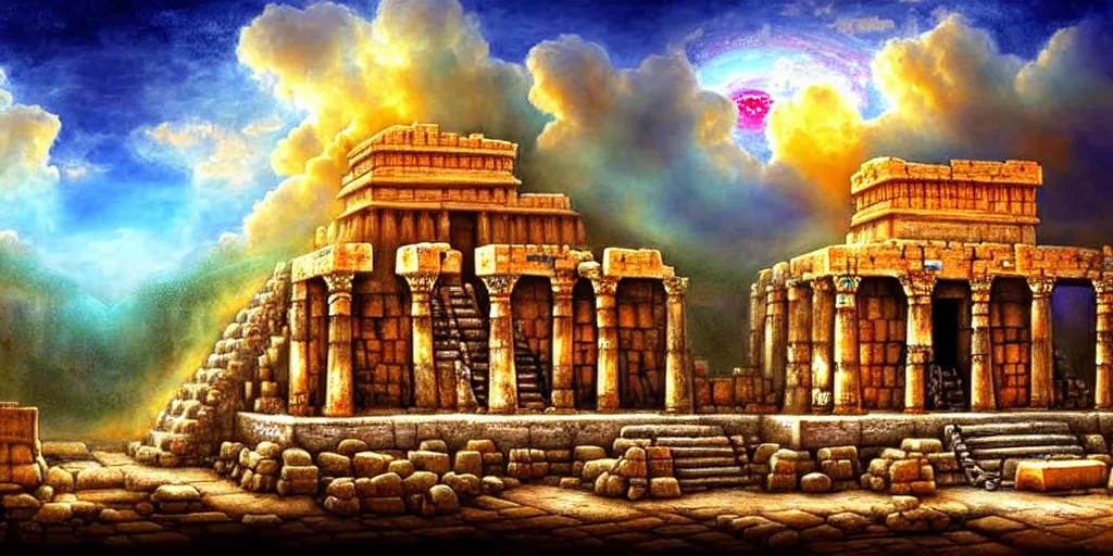 Image similar to illusion painting hidden temple in the clouds : an adorable small fox in the huge ruins of the second temple in jerusalem. a new temple hovers quietly hiding in the dreamy clouds above. a hooded bearded old man in a brown tunic laughing, colorful 8 k, art station, intricate superb details, digital art, illusion painting hidden image.