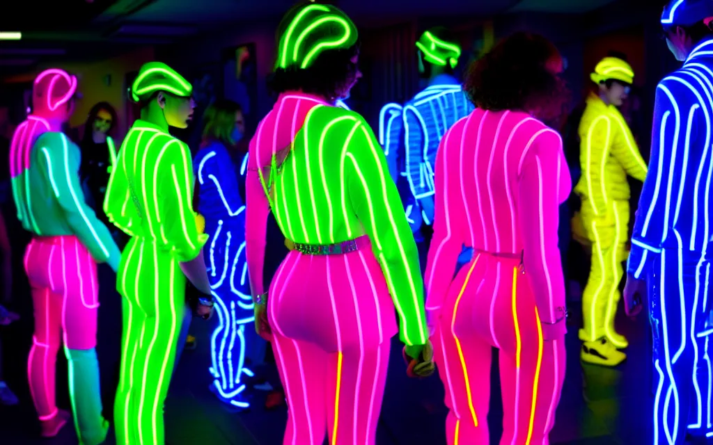 Prompt: love, diverse neon cybersuits, from behind, wide wide angle, vivid, elaborate, highly detailed, beautiful lighting