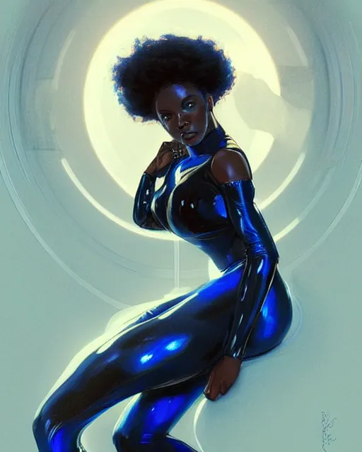 Prompt: Portrait of very very very very very very beautiful black woman, spacesuit, blue eyes, intricate, elegant, highly detailed, digital painting, artstation, concept art, smooth, sharp focus, illustration, art by artgerm and greg rutkowski and alphonse mucha