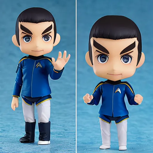 Image similar to spock from the tv series star trek, serious look, pointed ears, spock haircut, as an anime nendoroid, starfleet uniform, detailed product photo