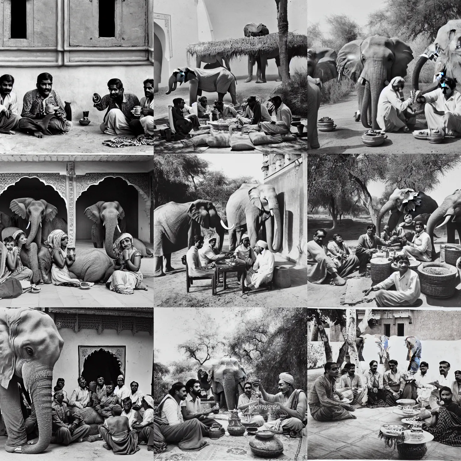 Prompt: Photo of a group of Indian friends drinking chai outside of a Rajasthani palace with elephants around them, by 1930s Ansel Adams, 4K UHD