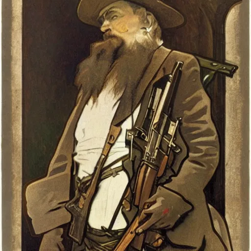 Image similar to portrait of John Brown holding a rifle, lithograph by Alphonse Mucha