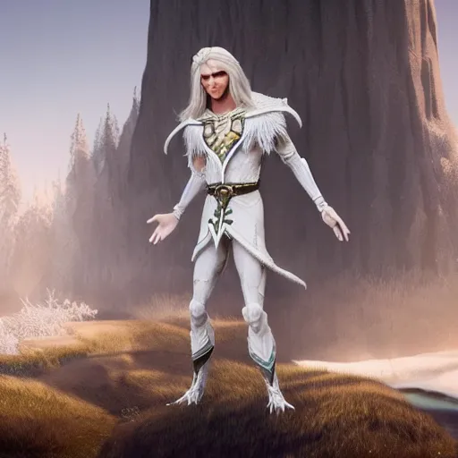 Image similar to a highly detailed male elf in full length, with white long hair, white clothes, bright blue eyes, artstation, DeviantArt, professional, octane render