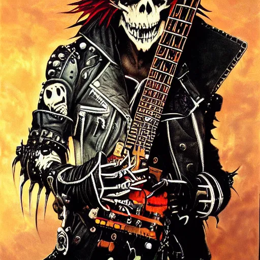 Image similar to a portrait of the grim reaper as a punk rocker playing an electric guitar, punk, skeleton face, mohawk, dark, fantasy, leather jackets, spiked collars, spiked wristbands, piercings, boots, ultrafine detailed painting by frank frazetta and vito acconci and michael whelan and takeshi obata, death note style, oil on canvas