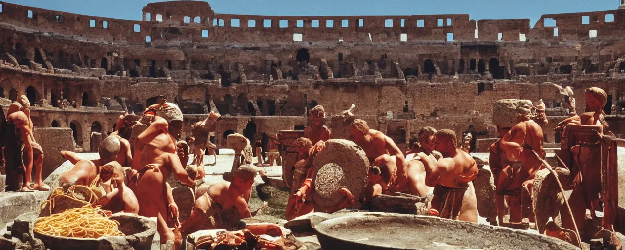 Prompt: ancient romans watching gladiators, big bowl of spaghetti!!!! coliseum architectural, minimal, canon 5 0 mm, wes anderson film, kodachrome, retro