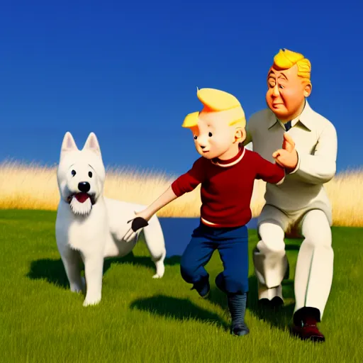 Image similar to tin tin and his white dog by herge, depicted as a pixar character, high quality cg render, 8 k