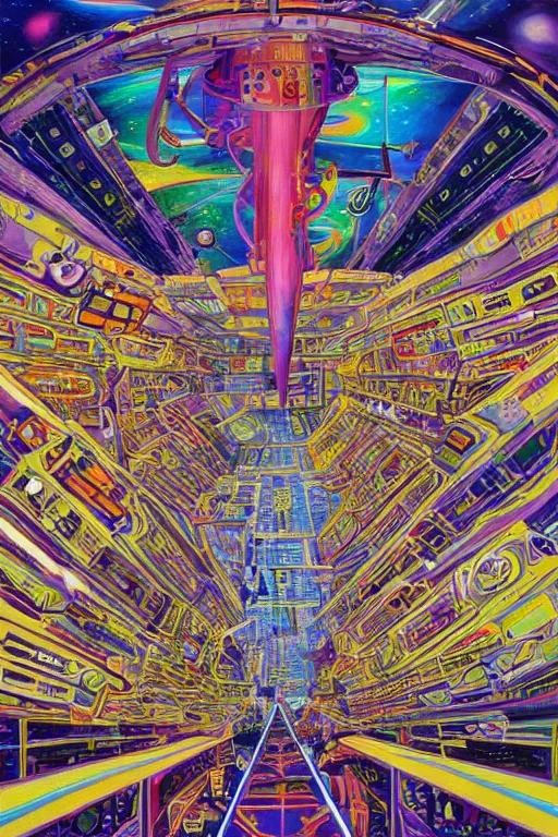 Prompt: a painting of the interior of an international space station filled with electronic equipment, an ultrafine detailed painting by alex grey, behance contest winner, psychedelic art, psychedelic, outlined art, poster art