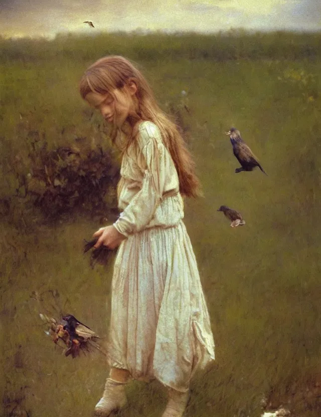 Prompt: portrait of little peasant girl setting free a bird, cottage core, cinematic focus, polaroid photo bleached vintage pastel colors high - key lighting, soft lights, foggy, by steve hanks, by lisa yuskavage, by serov valentin, by tarkovsky, 8 detailed, oil on canvas