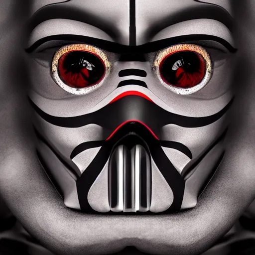 Prompt: clown darth vader hybrid, compound eyes, symmetrical front face portrait, high quality, high resolution, 4 k, octane realphoto, raytrace, intricate, hyper detailed, hard light studio lighting, dark background