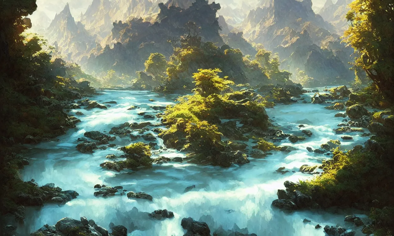 Image similar to Mountain river flows through a fantasy landscape gorge. A big blue lake in the middle of the mountains. Fabulous nature, amazing seascape, highly detailed, digital painting, artstation, concept art, smooth, sharp focus, illustration, art by greg rutkowski and alphonse mucha